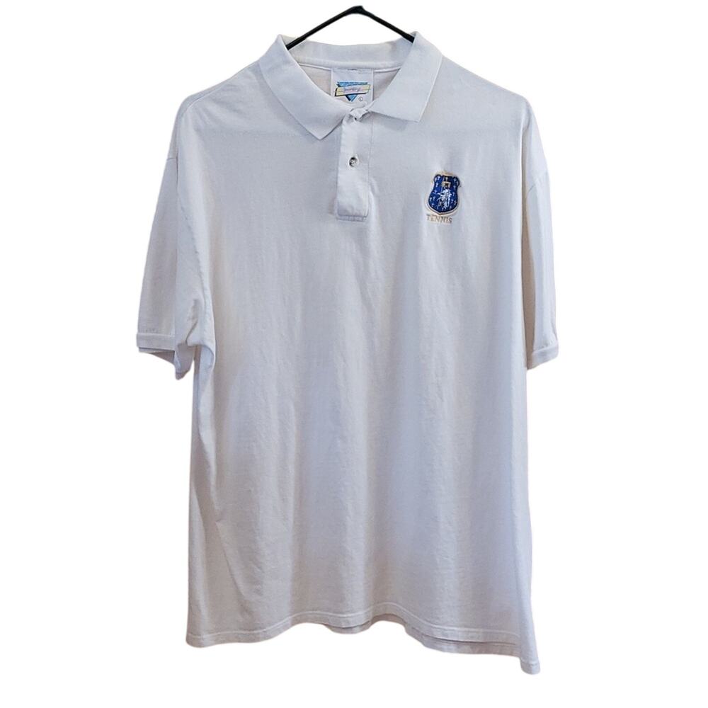 Vintage The Sporting Tennis Polo Shirt White Embroidered Crest Made in USA SZ L